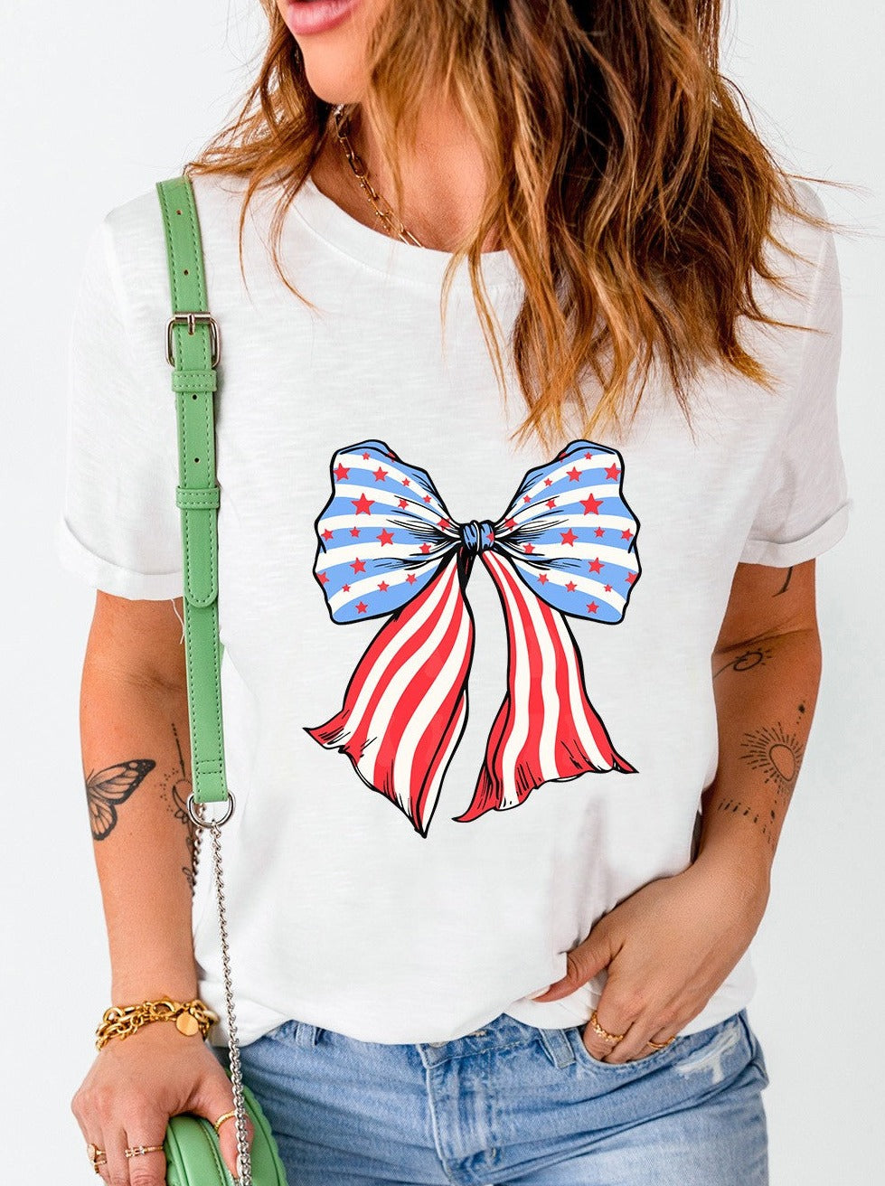White Stripes and Stars Bowknot Print T Shirt