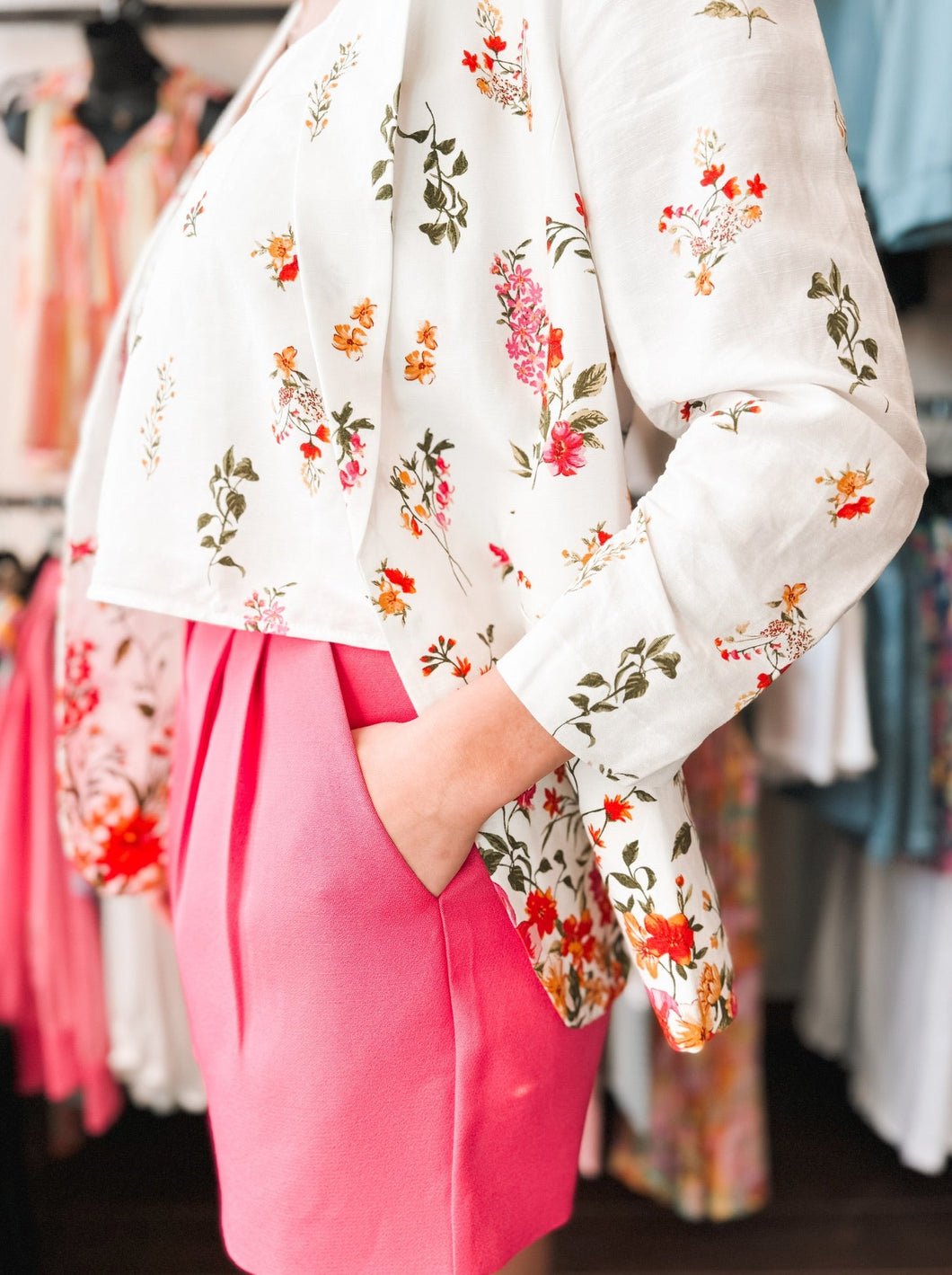 Floral Border Print Blazer [Ivory/Red-25420]