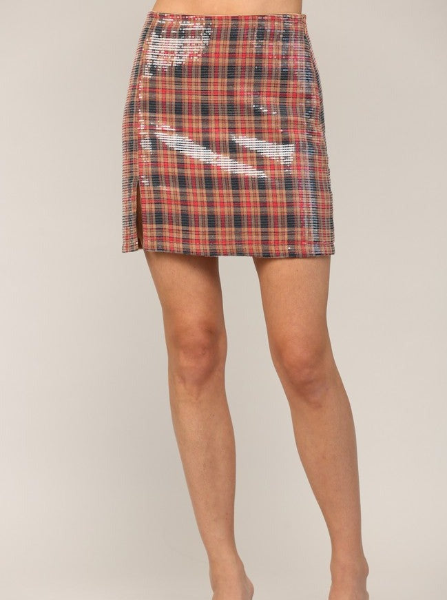 Plaid Sequin Side Slit Mini Skirt [Red Navy-FS54005]