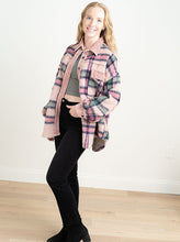 Load image into Gallery viewer, Pinky Promise Plaid Shacket | Pink plaid jacket has corduroy contrast collar, relaxed fit and dropped shoulder fit. Corduroy detail on pocket, elbow and cuffs. Star embroidery patch on the center back. Brand: POL Fiber Content: 100% Cotton  Runs large

