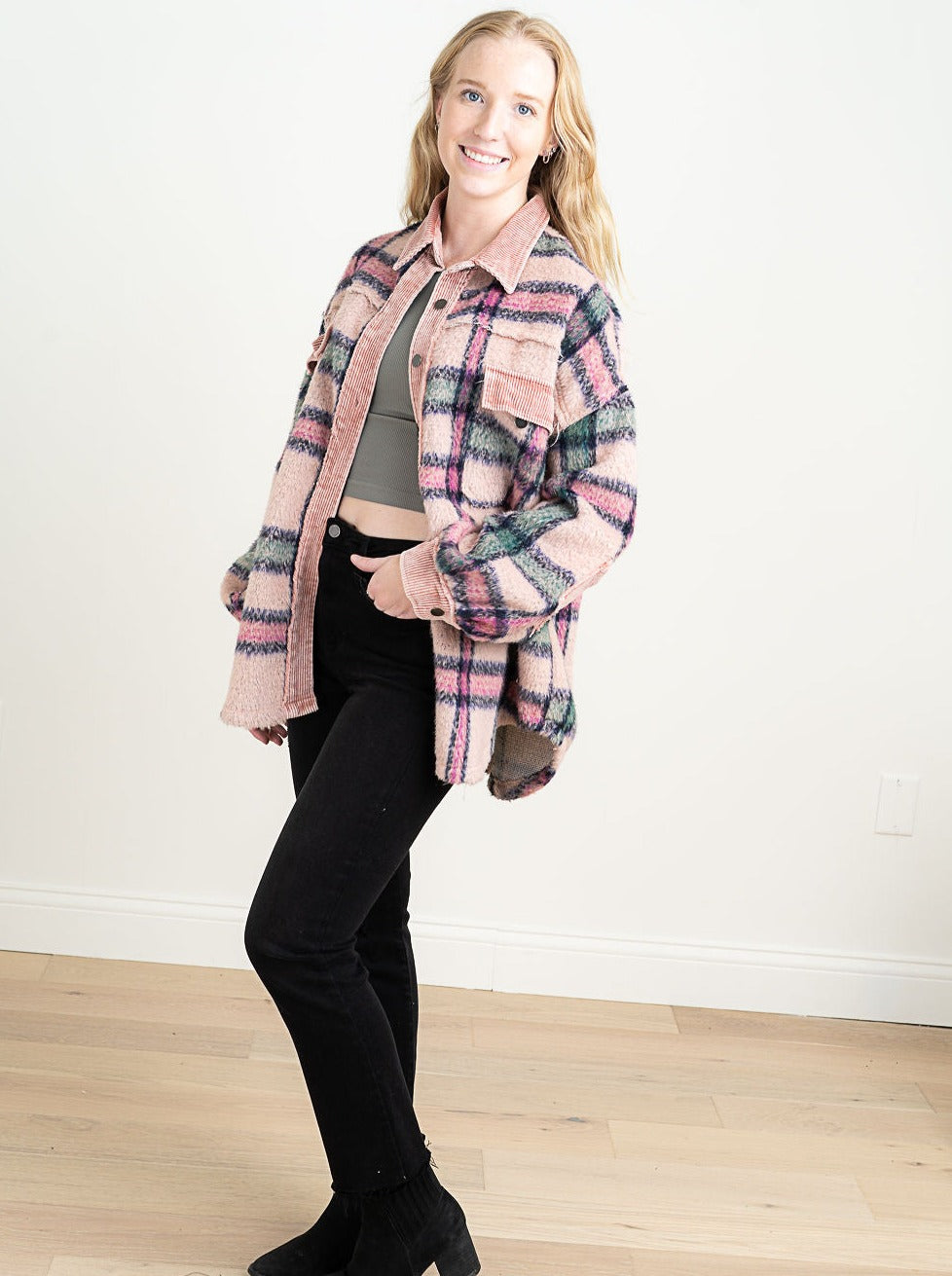 Pinky Promise Plaid Shacket | Pink plaid jacket has corduroy contrast collar, relaxed fit and dropped shoulder fit. Corduroy detail on pocket, elbow and cuffs. Star embroidery patch on the center back. Brand: POL Fiber Content: 100% Cotton  Runs large