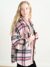 Load image into Gallery viewer, Pinky Promise Plaid Shacket | Pink plaid jacket has corduroy contrast collar, relaxed fit and dropped shoulder fit. Corduroy detail on pocket, elbow and cuffs. Star embroidery patch on the center back. Brand: POL Fiber Content: 100% Cotton  Runs large
