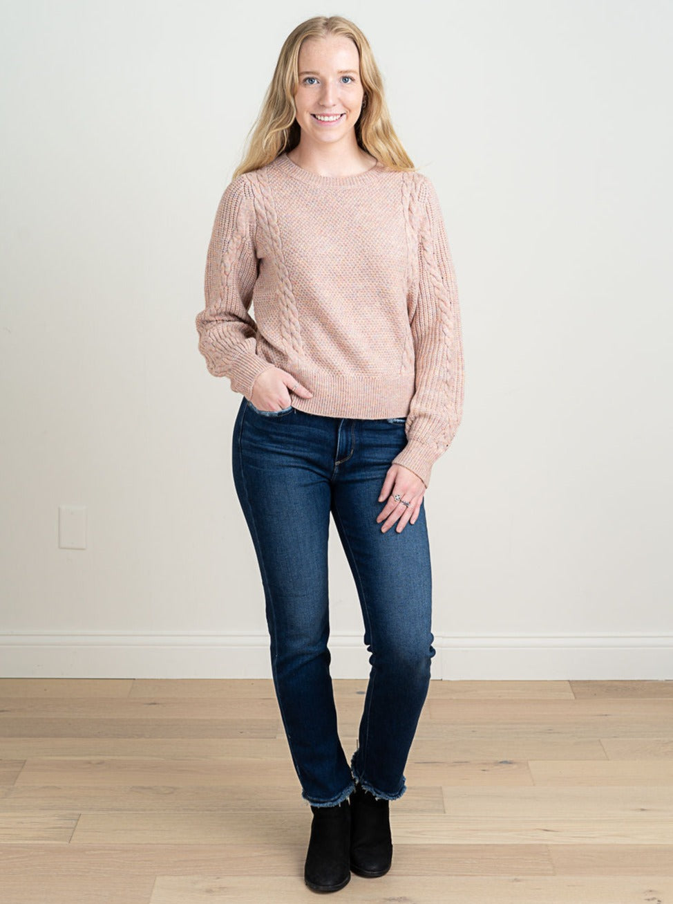 Soft knit sweater, mixed blush colors.  45% Acrylic , 43% Nylon, and 12%  Polyester   Gentle wash cold