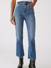 Load image into Gallery viewer, Cropped jeans from Daze Denim. Cut with a flattering high-rise silhouette and a slim leg with a kick flare at the ankle-length hem. Finished with subtle distressing throughout and raw hems. - High rise - Flare leg - Ankle length - Model in Denim Dark is 5’9” and wearing size 26 - Measurements taken from size 26 - Rise: 11” - Inseam: 26” - Leg opening: 16”  72% Cotton, 25% recycled polyester, 3% spandex
