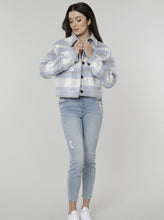 Load image into Gallery viewer, Brushed Flannel Plaid Short Jacket.   100% Polyester Colors: Available in Lavender Plaid Now in new colors: Blue Multi and Grey Multi XS, S, M, L, XL  Details &amp; Care Instructions  Blue Plaid Short Jacket Dry Clean Imported Long Sleeves
