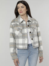 Load image into Gallery viewer, Brushed Flannel Plaid Short Jacket.   100% Polyester Colors: Available in Lavender Plaid Now in new colors: Blue Multi and Grey Multi XS, S, M, L, XL Lavender Plaid Short Jacket Dry Clean Imported Long Sleeves
