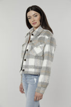 Load image into Gallery viewer, Brushed Flannel Plaid Short Jacket.   100% Polyester Colors: Available in Lavender Plaid Now in new colors: Blue Multi and Grey Multi XS, S, M, L, XL Lavender Plaid Short Jacket Dry Clean Imported Long Sleeves
