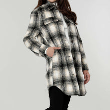 Load image into Gallery viewer, Plaid shacket (Shirt- Jacket).  Item # 75103 100% Polyester Available in Black Plaid XS, S, M, L, XL  Details &amp; Care Instructions  Loose fit Plaid Button down  Hand Wash Cold and Line dry or Professional Dry Clean
