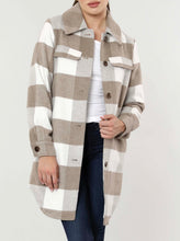 Load image into Gallery viewer, Plaid flannel shacket (Shirt- Jacket).  100% Polyester Available in Taupe Plaid and Grey Plaid  XS, S, M, L, XL  Details &amp; Care Instructions  Loose fit Plaid Button down  Hand Wash Cold and Line dry or Professional Dry Clean

