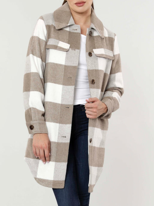 Plaid flannel shacket (Shirt- Jacket).  100% Polyester Available in Taupe Plaid and Grey Plaid  XS, S, M, L, XL  Details & Care Instructions  Loose fit Plaid Button down  Hand Wash Cold and Line dry or Professional Dry Clean