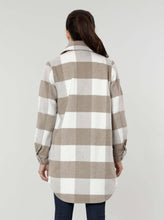 Load image into Gallery viewer, Plaid flannel shacket (Shirt- Jacket).  100% Polyester Available in Taupe Plaid and Grey Plaid  XS, S, M, L, XL  Details &amp; Care Instructions  Loose fit Plaid Button down  Hand Wash Cold and Line dry or Professional Dry Clean
