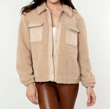 Load image into Gallery viewer, Faux shearling jacket with vegan leather trim.  Fabric content: 100% Polyester Available in Camel XS, S, M, L, XL  Details &amp; Care Instructions  Tweed Waist length Dry Clean

