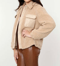 Load image into Gallery viewer, Faux shearling jacket with vegan leather trim.  Fabric content: 100% Polyester Available in Camel XS, S, M, L, XL  Details &amp; Care Instructions  Tweed Waist length Dry Clean
