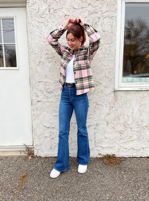 Pink with green and brown plaid pattern shacket   90% Polyester, 10% Wool  Machine wash on cold