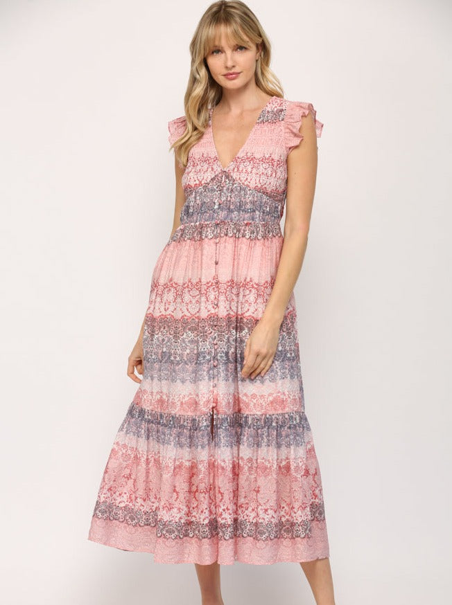 Smocked Bodice Ruffle Hem Dress Maxi [Pink Multi-FD7971]
