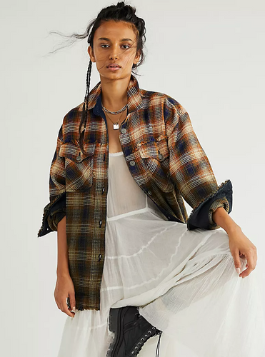 Free People Anneli Plaid Jacket Shirt Navy Tobacco Combo