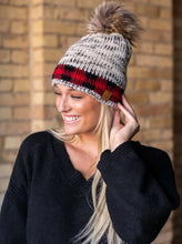 Load image into Gallery viewer, Heather grey knit pom hat  Red buffalo plaid trim  Fleece lined
