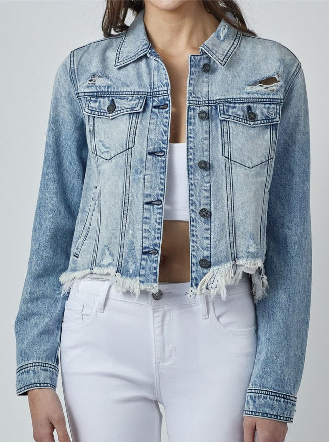 SUPER LIGHT WASH DISTRESSED FRAYED CROPPED FITTED JACKET.  73% COTTON/ 27% RAYON
