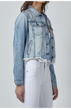 Load image into Gallery viewer, SUPER LIGHT WASH DISTRESSED FRAYED CROPPED FITTED JACKET.  73% COTTON/ 27% RAYON
