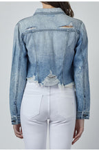 Load image into Gallery viewer, SUPER LIGHT WASH DISTRESSED FRAYED CROPPED FITTED JACKET.  73% COTTON/ 27% RAYON
