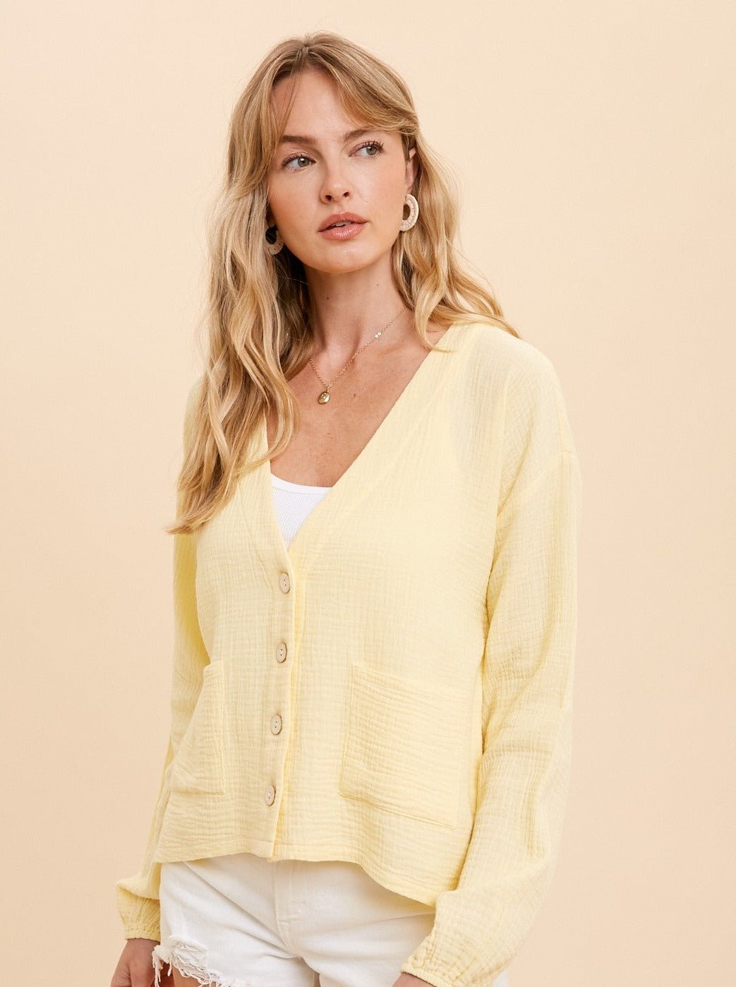 Cotton Gauze Button Down Cardigan [Lemon-39019]