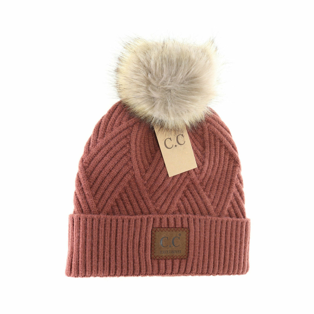 Brick diagonal knit pom beanie  HAND WASH ONLY. Lay flat or hang to dry.   100% acrylic