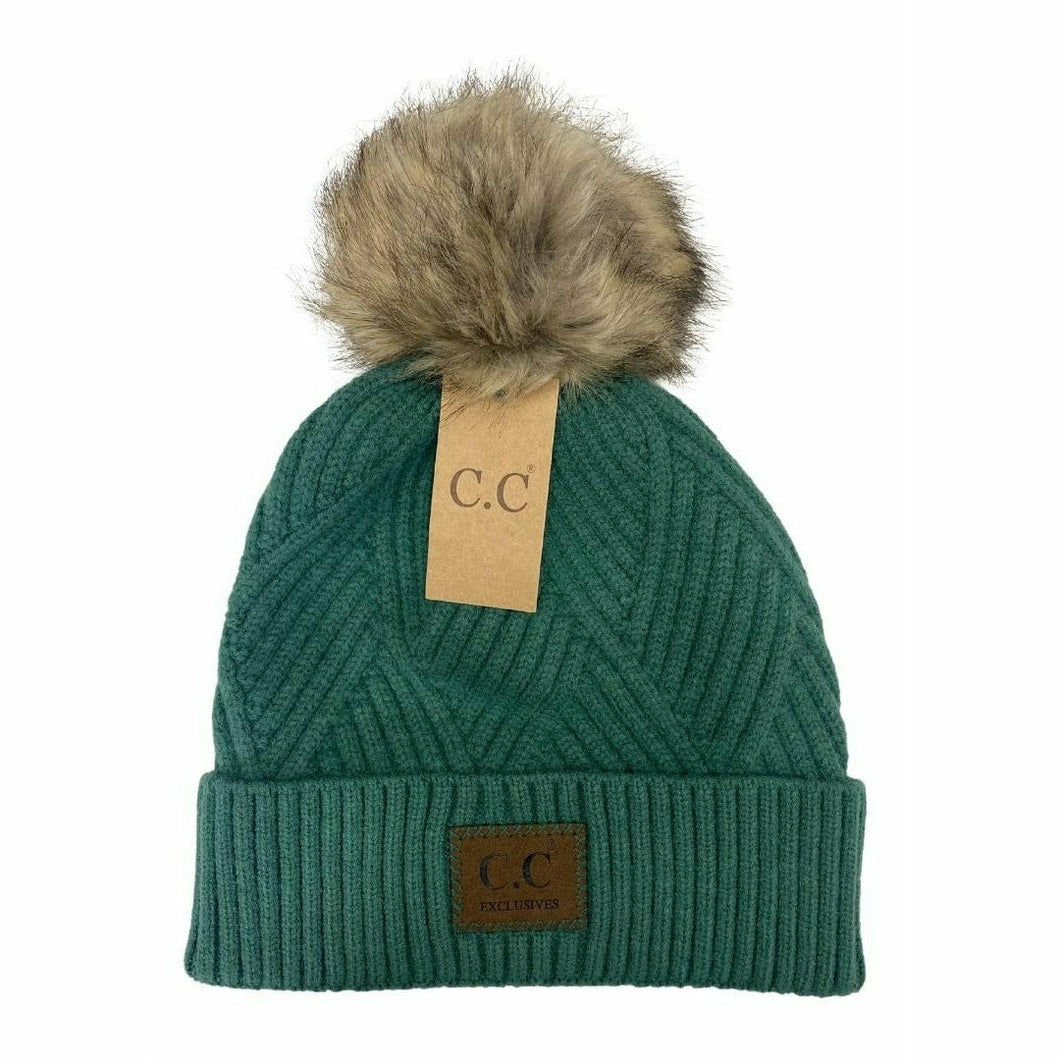 Sea Green diagonal knit pom beanie HAND WASH ONLY. Lay flat or hang to dry.   100% acrylic
