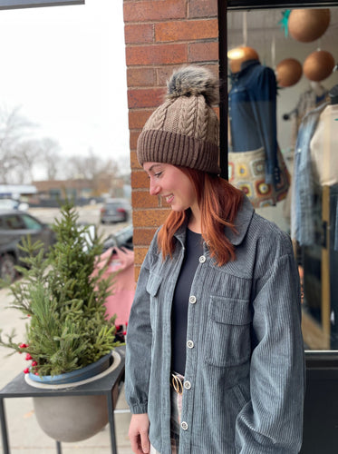 Super cute beige brown knit beanie with Pom Pom 