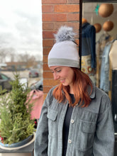 Load image into Gallery viewer, Super cute white beanie with a grey sparkly stripe and a pom pom
