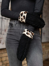 Load image into Gallery viewer, Black or Ivory with leopard cuff cable knit mitten  Fleece lined
