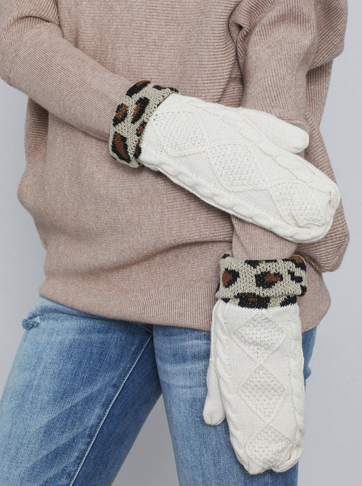 Black or Ivory with leopard cuff cable knit mitten  Fleece lined