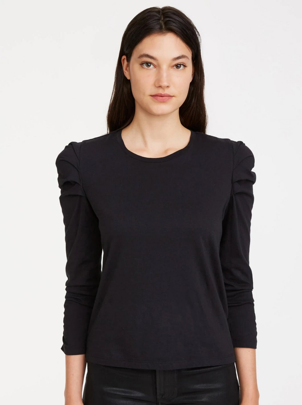Update your closet with this elevated essential. Ruched details create gentle pleats on the side shoulders of a fitted top. Crafted in organic cotton jersey with a banded neck, 3/4 sleeves, and straight hem. Tuck into a coated skinny for a chic, modern look.
