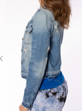 Load image into Gallery viewer, Collarless jean jacket 73% polyester, 27% rayon. Machine wash cold, tumble dry low. The model is 5 feet 9 inches tall, 135 lbs, and is wearing a size small.
