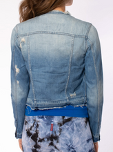 Load image into Gallery viewer, Collarless jean jacket 73% polyester, 27% rayon. Machine wash cold, tumble dry low. The model is 5 feet 9 inches tall, 135 lbs, and is wearing a size small.
