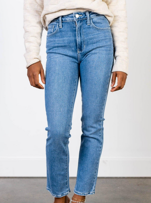 Slim straight denim is the new trending silhouette for the season. A little more polished and pulled together, this slimmer fitting look creates a totally timeless appeal that can be worn season after season.  93% Cotton, 5% Polyester, 2% Spandex