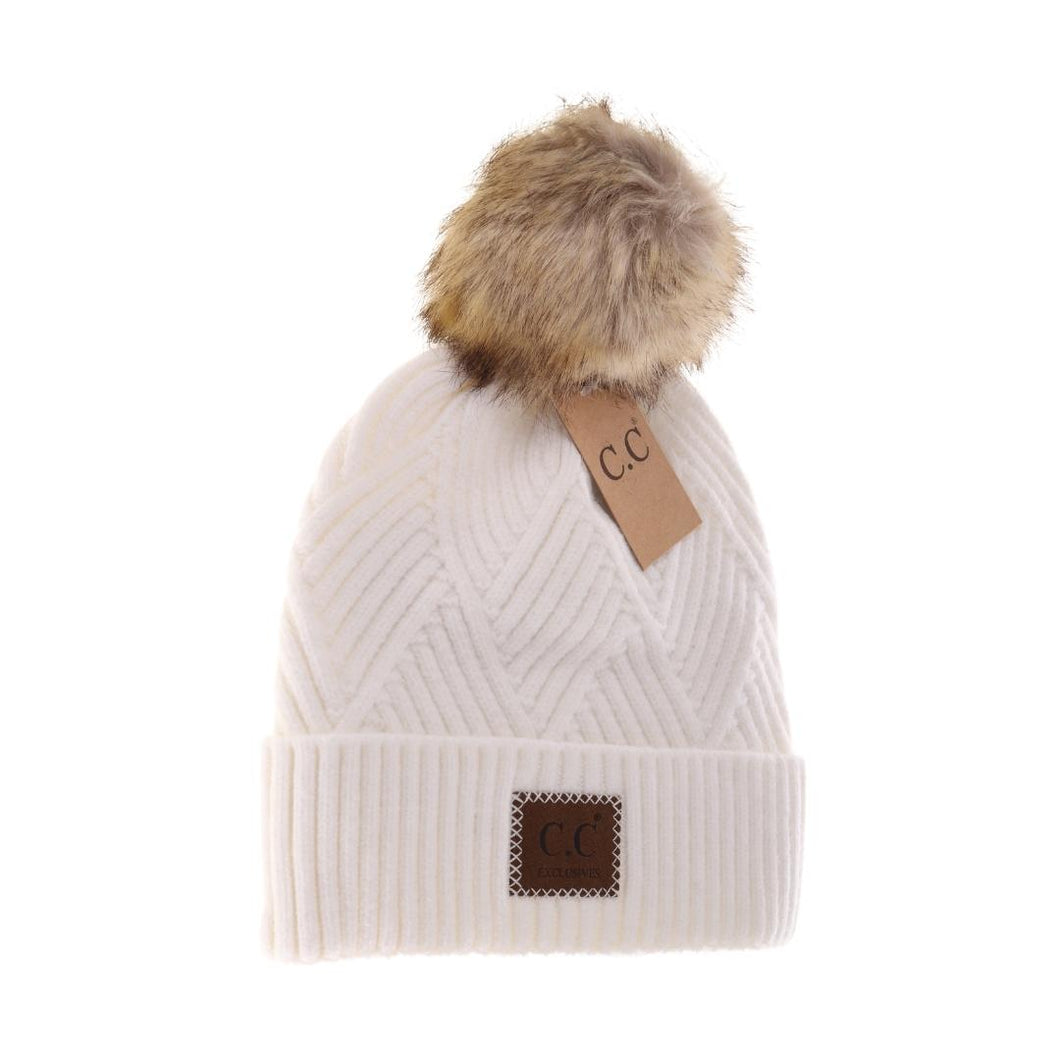 White diagonal knit pom beanie  HAND WASH ONLY. Lay flat or hang to dry.   100% acrylic