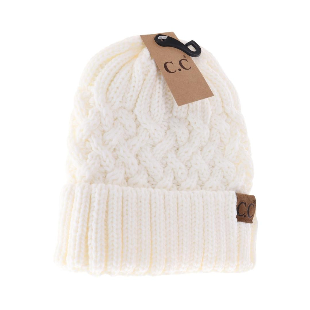 A gorgeous lattice knit pattern on this ivory cuffed beanie  HAND WASH ONLY. Lay flat or hang to dry.   100% acrylic