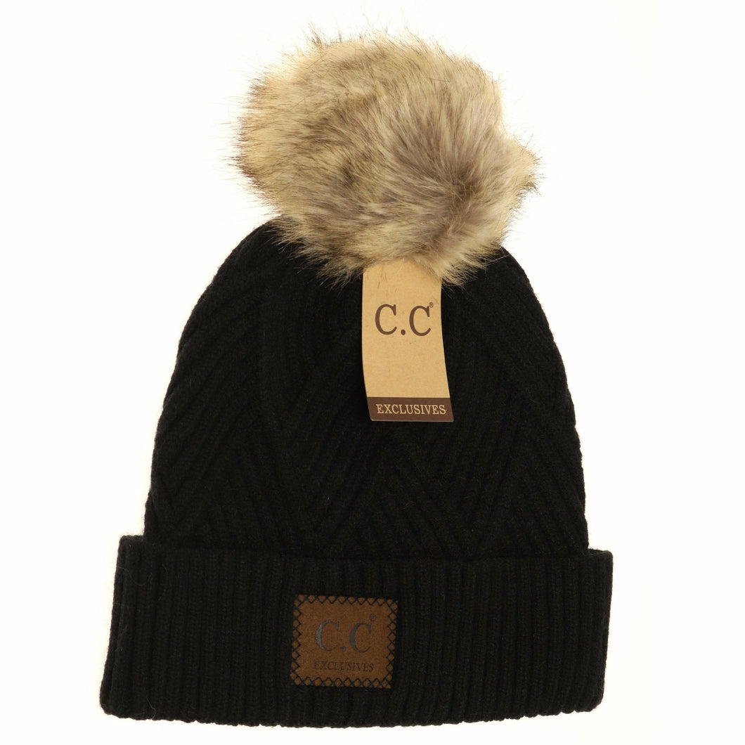 Black diagonal knit pom beanie HAND WASH ONLY. Lay flat or hang to dry.   100% acrylic