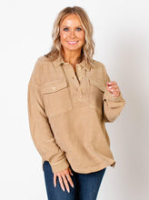 Load image into Gallery viewer, A textured ribbed sweater knit fabrication falls from a collared, half button design. Front Flag pockets and kangaroo style pocket add a casual easy going look.  100% Cotton
