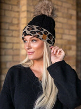 Load image into Gallery viewer, Panache Black With Leopard Cuff Cable Knit Fleece Lined Hat With Pom 
