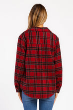 Load image into Gallery viewer, The Stanton Jacket is the perfect piece for your fall wardrobe. This plaid shacket features long sleeves, button front, and flap chest pockets. It&#39;s versatile enough to be worn as a standalone piece or layered over a shirt or sweater. The Stanton Jacket is sure to keep you warm and stylish all season long. 90% Poly and 10% Wool Machine wash cold, tumble dry low Color: Red Black Plaid Model is 5&#39;9&quot; and wearing a size S.
